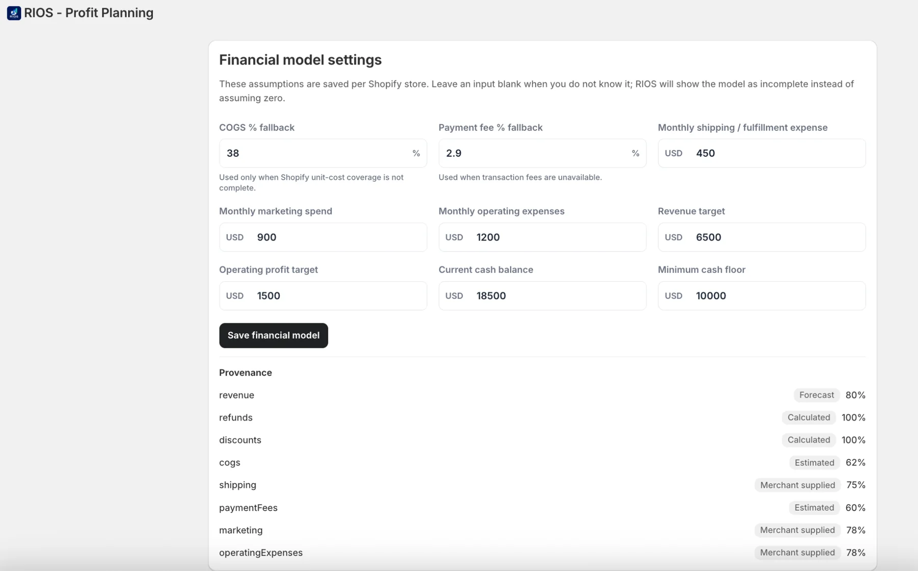 RIOS financial model settings and provenance